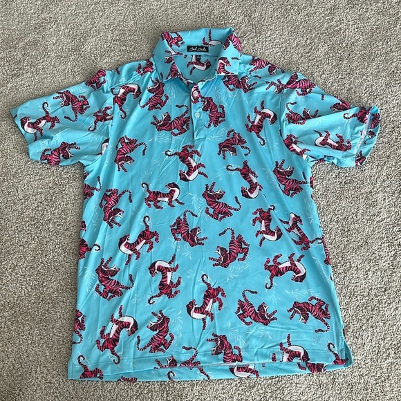 Bad Birdie Men’s Tourqouis Blue Polo with Pink Tigers Size Medium - Picture 7 of 8